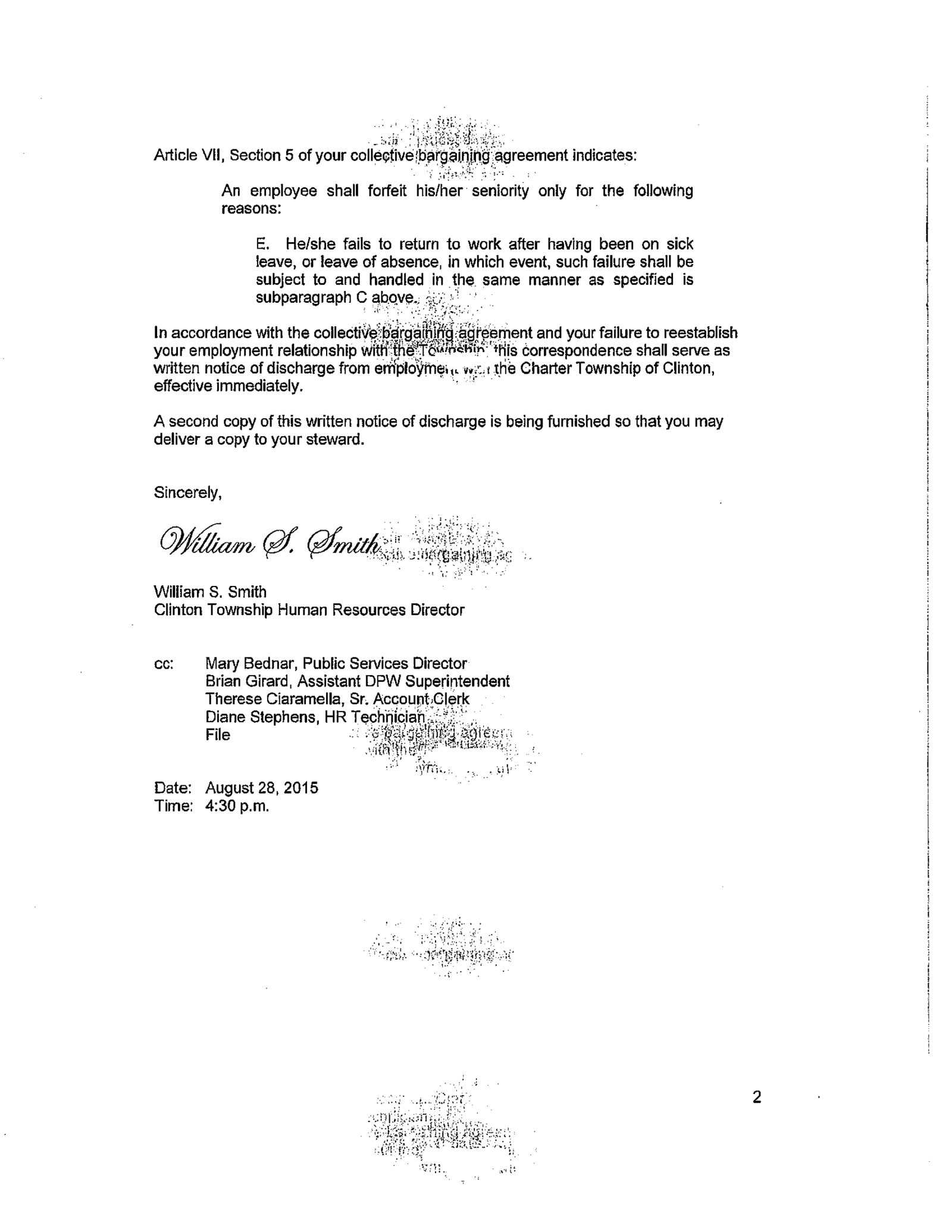 Second page of Clinton Township Human Resources correspondence concerning Robert Wojtowicz and employment separation